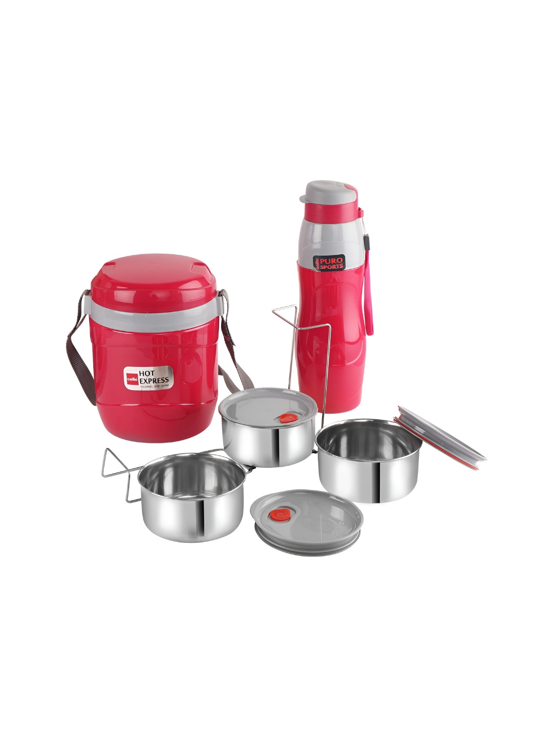 

Cello Silver Toned & Red Dishwasher Safe Lunch Box With Water Bottle