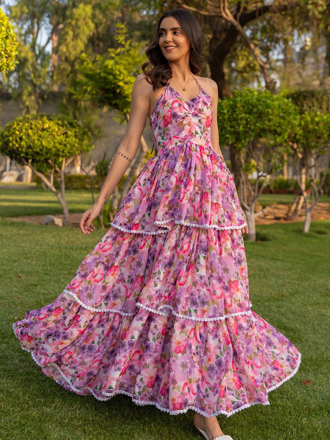 

B'Infinite Floral Print Georgette Shoulder Straps Opaque Maxi Dress, Purple