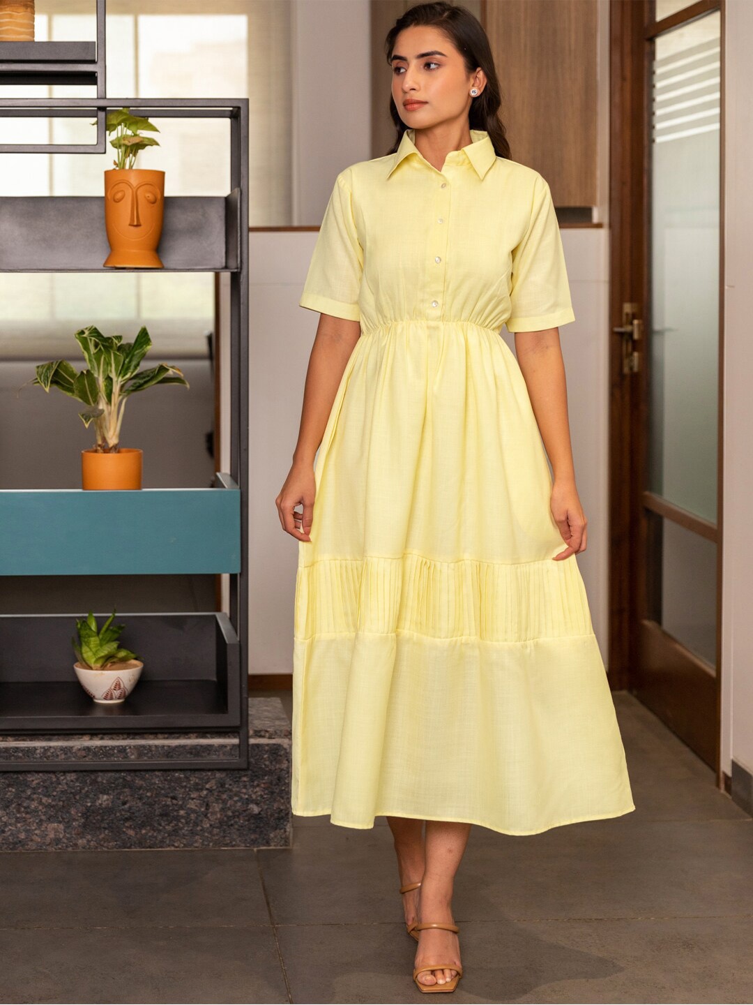 

B'Infinite Cotton Shirt Collar Short Sleeves Opaque Shirt Midi Dress, Yellow