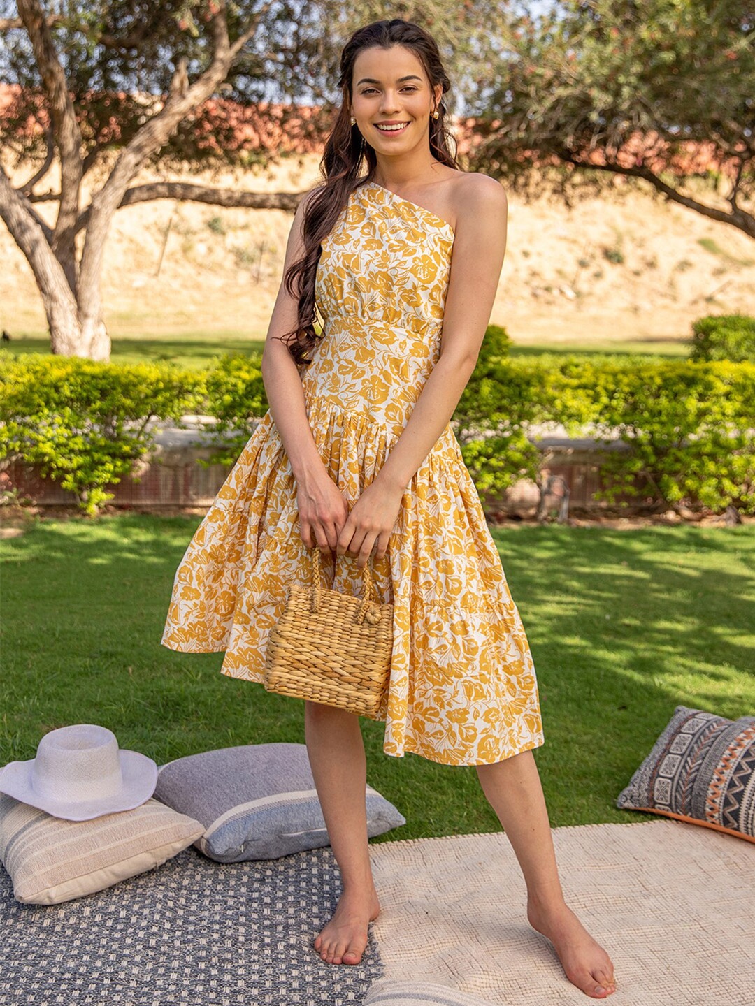 

B'Infinite Floral Print One Shoulder Sleeveless Cotton Fit & Flare Dress, Mustard