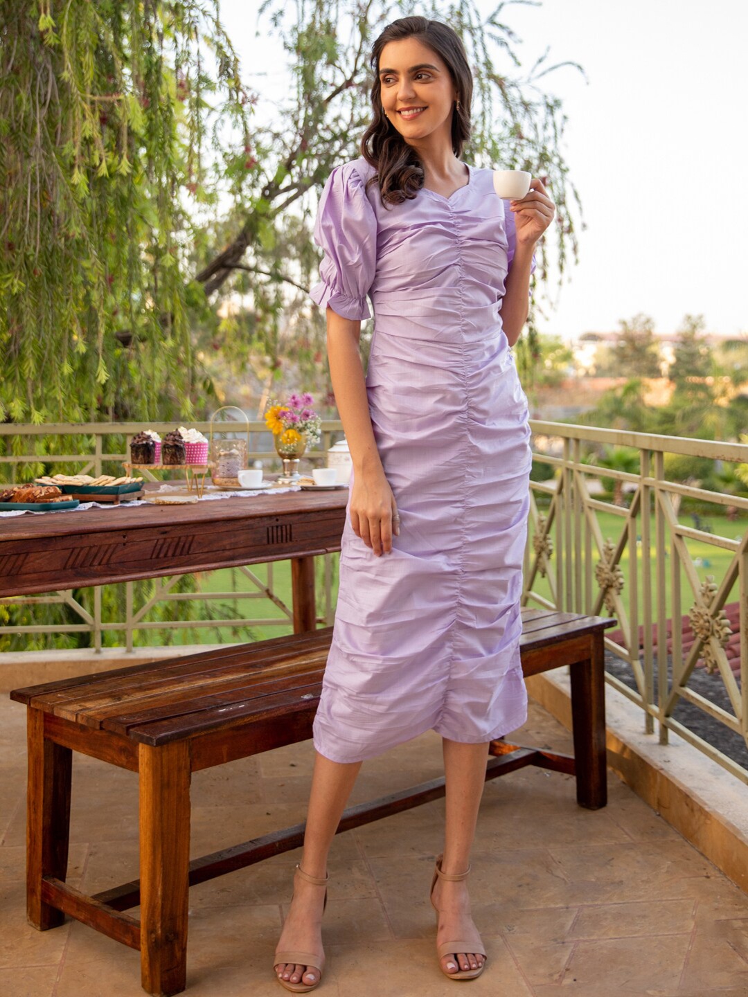 

B'Infinite Cotton Puff Sleeve Sheath Midi Dress, Lavender
