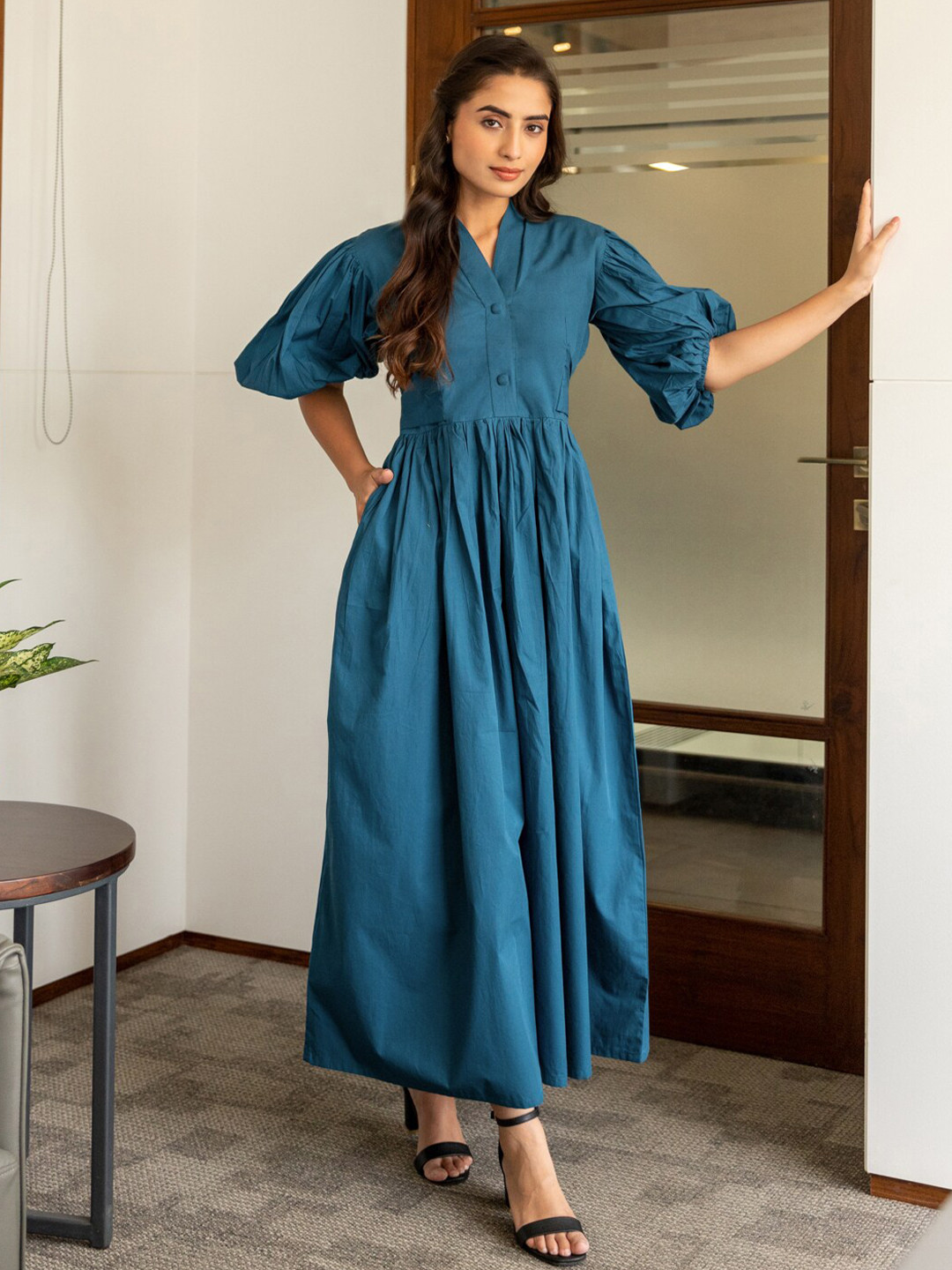 

B'Infinite Mandarin Collar Puff Sleeves Pleated Fit & Flare Cotton Dress, Blue