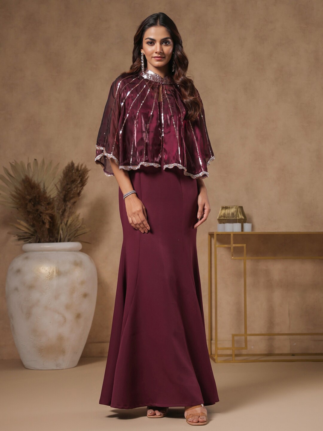 

B'Infinite Embellished Cape Sleeve Crepe Maxi Dress, Maroon