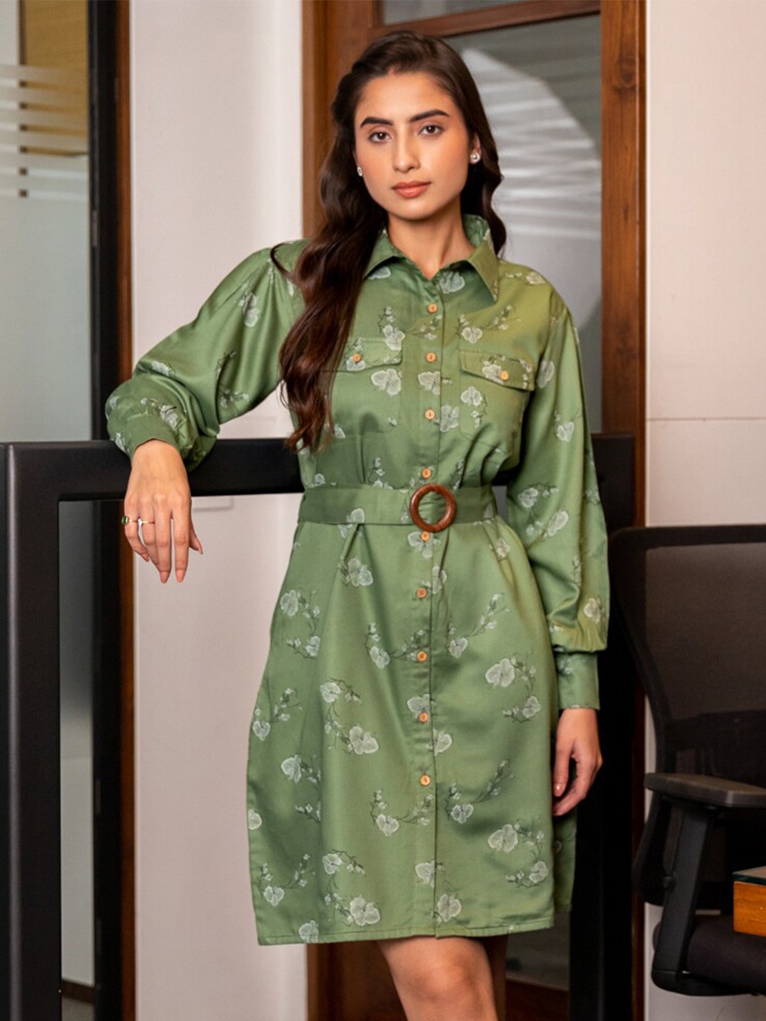 

B'Infinite Floral Print Cuffed Sleeve Shirt A-Line Dress, Green
