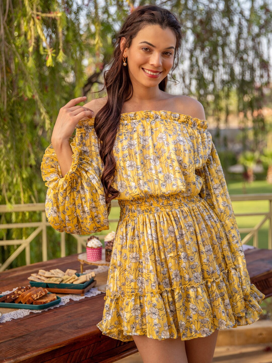 

B'Infinite Floral Print Off-Shoulder Bell Sleeve Satin Fit & Flare Dress, Yellow