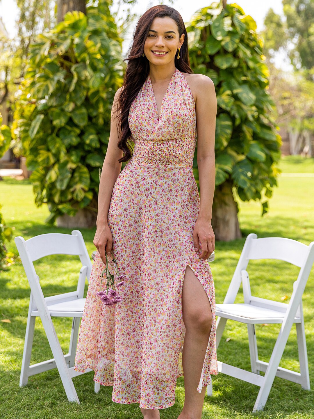 

B'Infinite Floral Printed Halter Neck Chiffon Maxi Dress, Pink