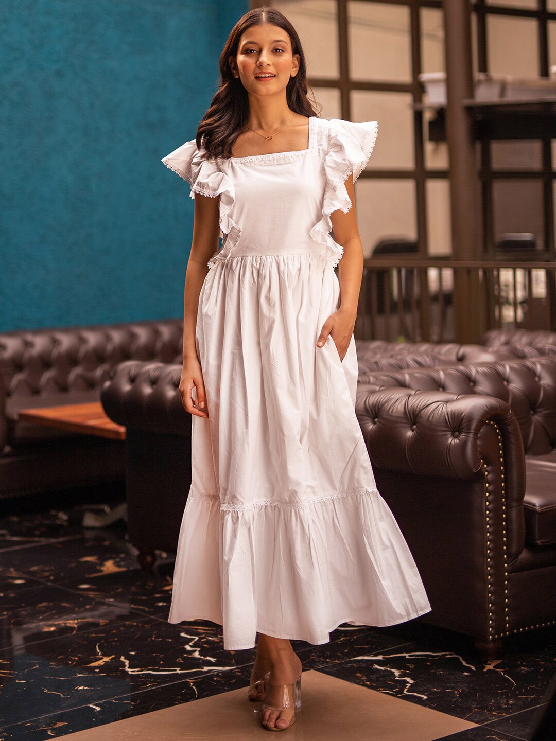 

B'Infinite Square Neck Flutter Sleeve Fit & Flare Cotton Maxi Dress, White