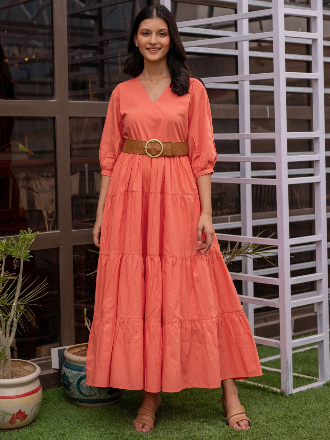 

B'Infinite V-neck Puff Sleeve Tiered Fit & Flare Maxi Dress, Orange