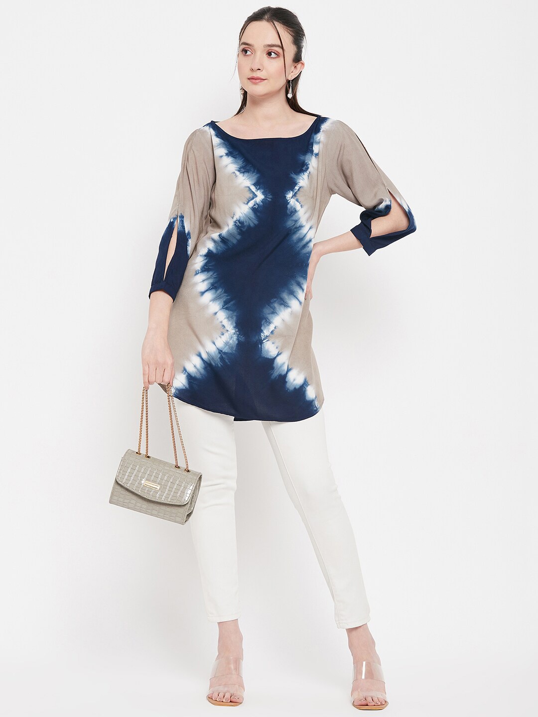 

Ruhaans Tie & Dyed Boat Neck Tunic, Navy blue