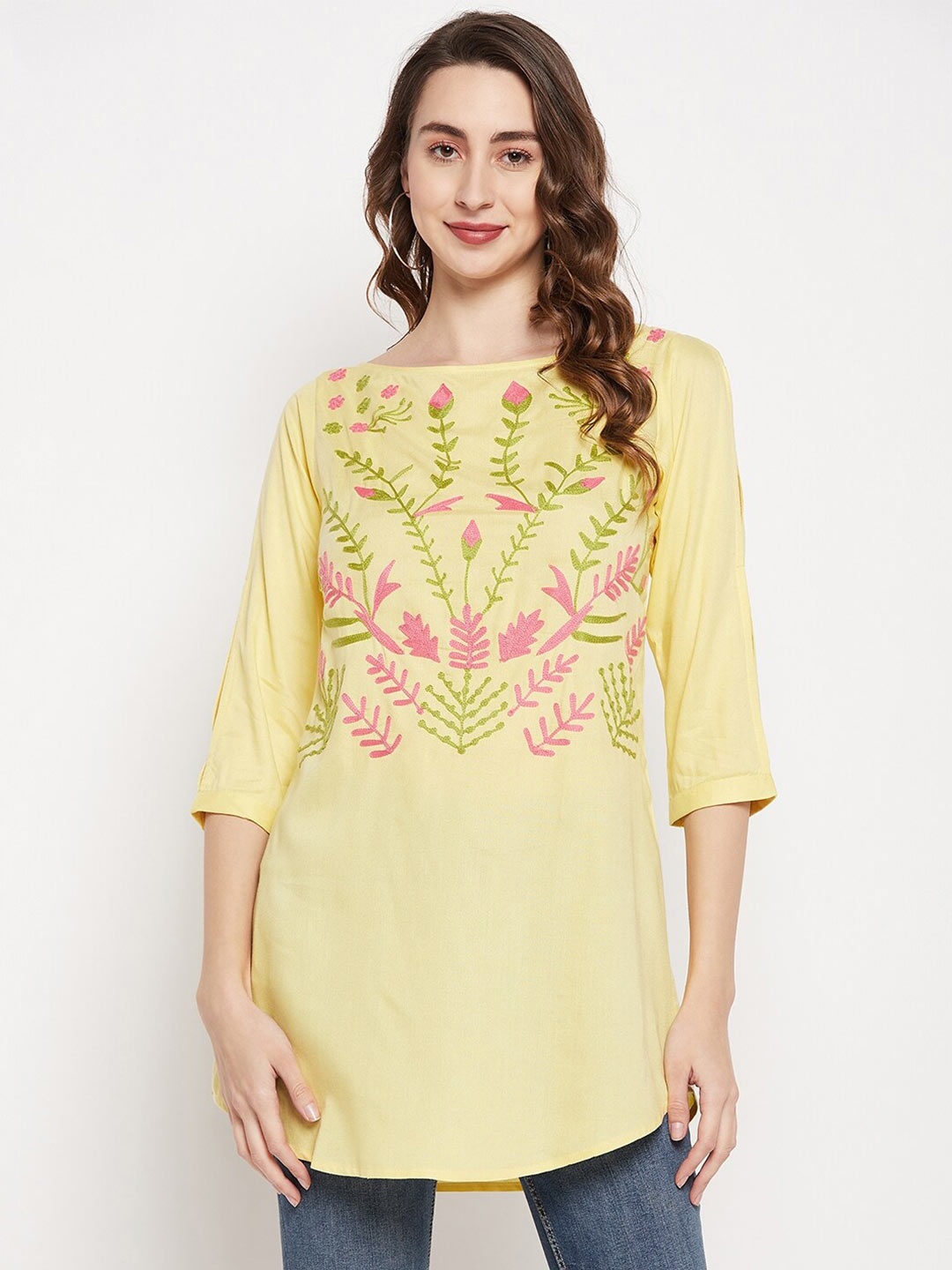 

Ruhaans Floral Embroidered Boat Neck Tunic, Yellow