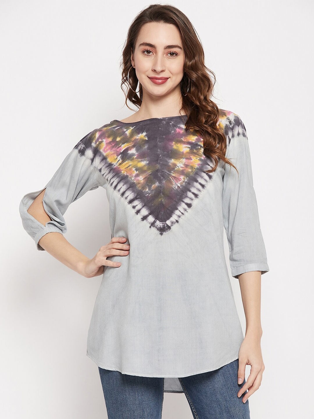 

Ruhaans Tie & Dyed Boat Neck Tunic, Grey