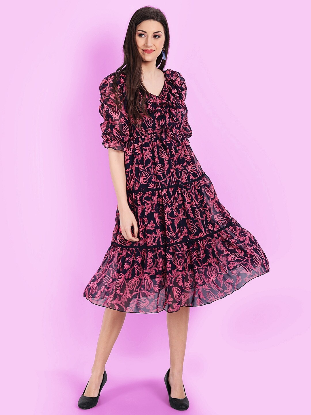 

CHARMGAL Floral Printed Georgette Fit & Flare Midi Dress, Pink