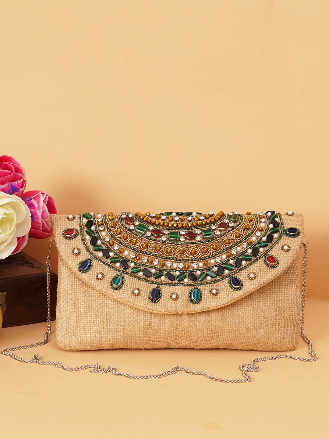 

FABBHUE Embellished Foldover Clutch, Beige