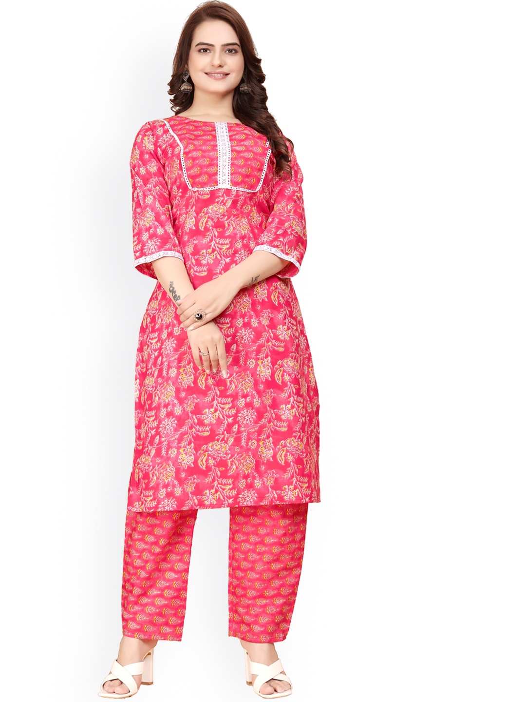 

BAESD Floral Printed Pure Cotton Kurta With Palazzo, Pink