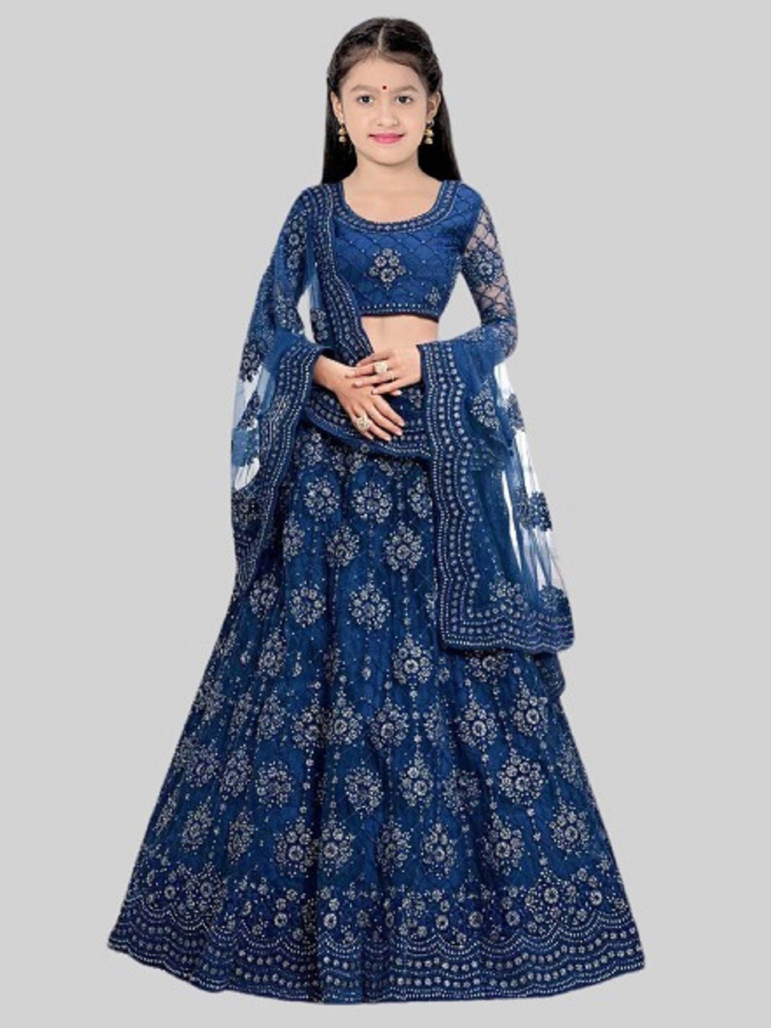

BAESD Girls Embroidered Semi-Stitched Net Lehenga & Unstitched Blouse With Dupatta, Blue