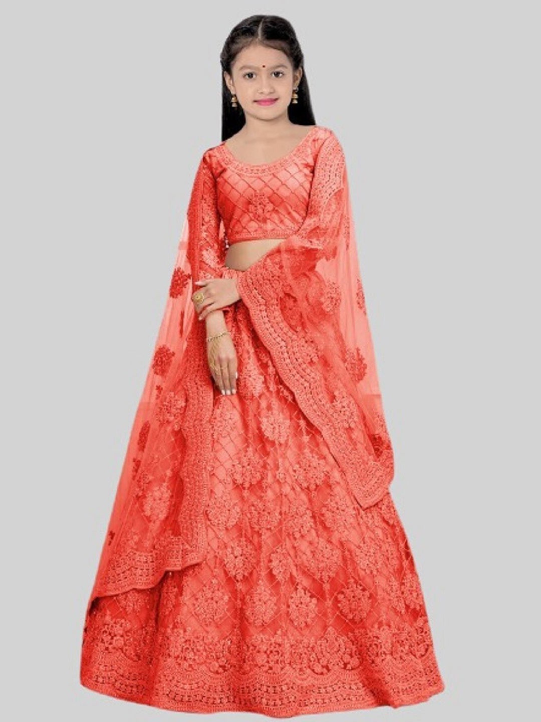 

BAESD Girls Embroidered Semi-Stitched Net Lehenga & Unstitched Blouse With Dupatta, Orange