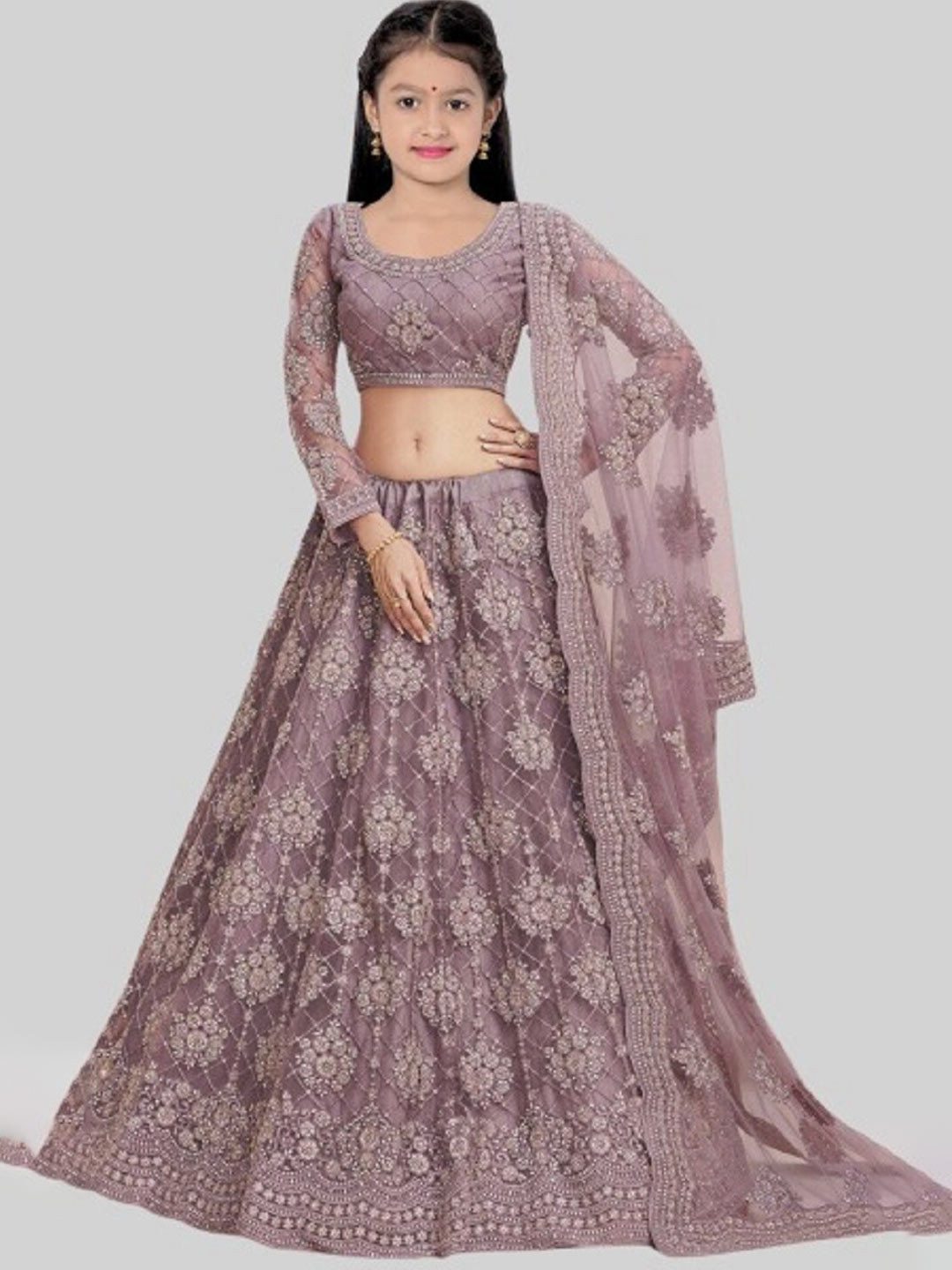 

BAESD Girls Embroidered Semi-Stitched Net Lehenga & Unstitched Blouse With Dupatta, Pink