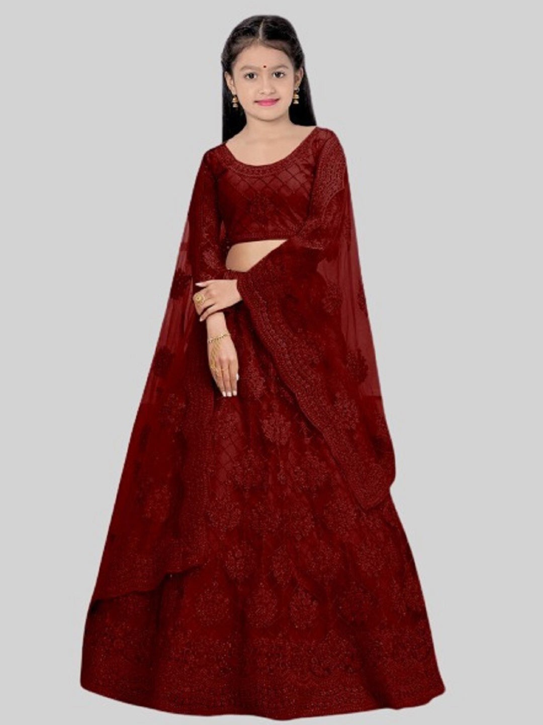 

BAESD Girls Embroidered Semi-Stitched Net Lehenga & Unstitched Blouse With Dupatta, Maroon