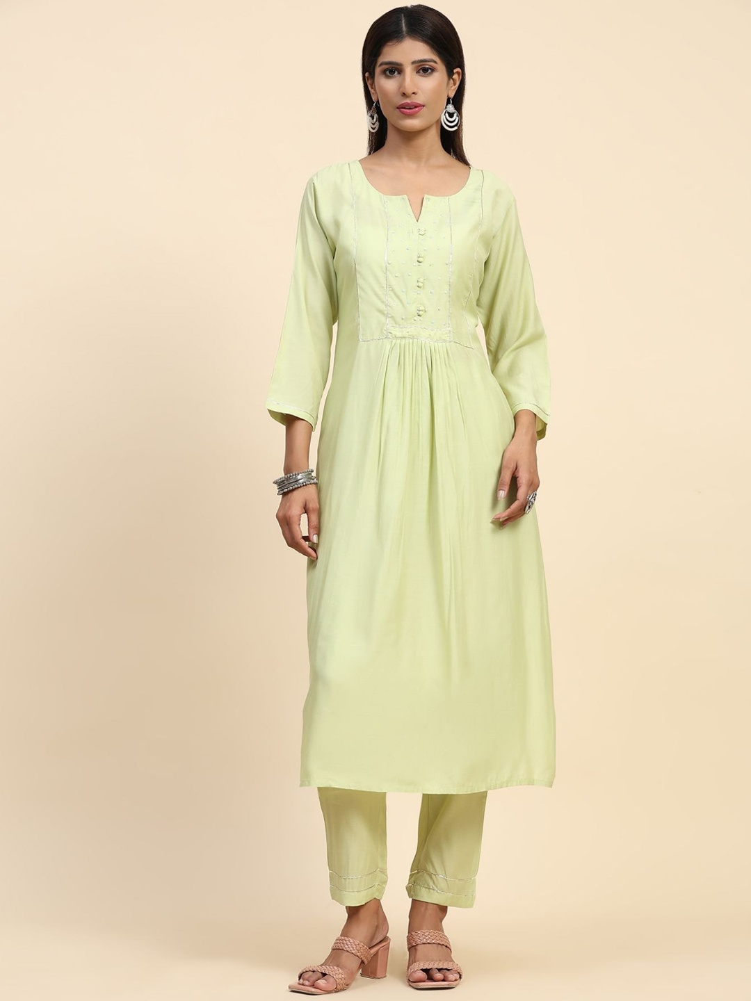 

Phenav Yoke Design Gotta Patti A-Line Kurta with Trousers, Sea green