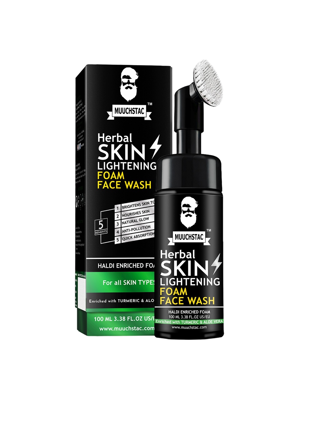 

MUUCHSTAC Herbal Skin Lightening Haldi Enriched Foam Face Wash with Inbuilt Brush - 100 ml, Black