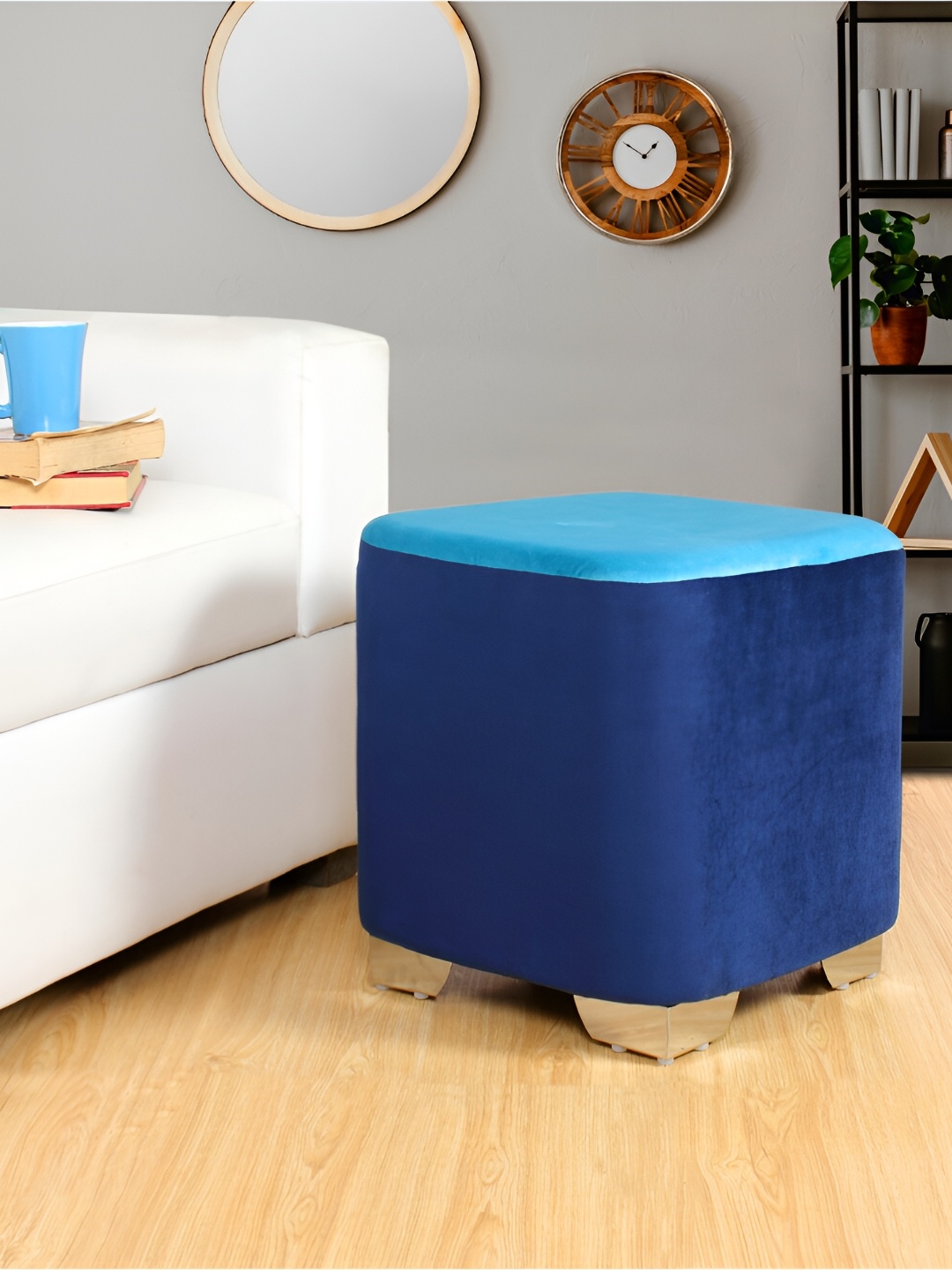 

Shadowkart Blue Wooden Pouffes Sitting Mudda Square Ottoman