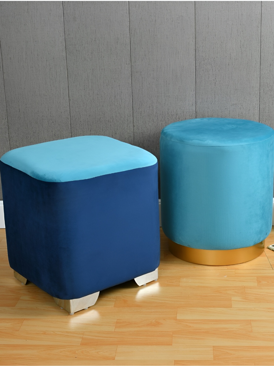 

Shadowkart Set Of 2 Navy blue Wood Pouffes & Ottomans