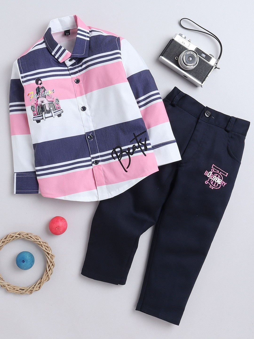 

FOURFOLDS Boys Striped Pure Cotton Shirt with Trousers, Pink