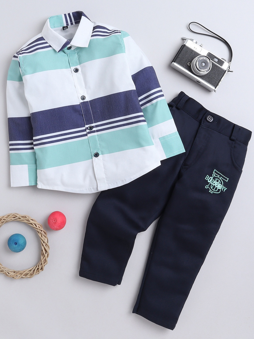 

BAESD Boys Striped Pure Cotton Shirt with Trousers, Green