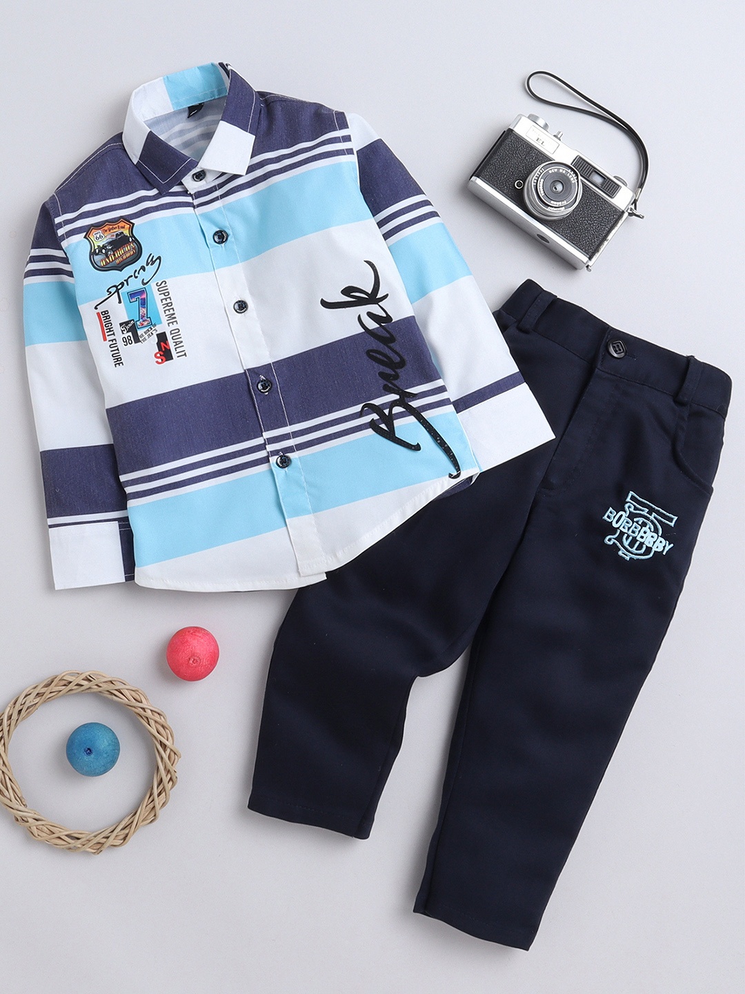 

BAESD Boys Striped Pure Cotton Shirt with Trousers, Blue