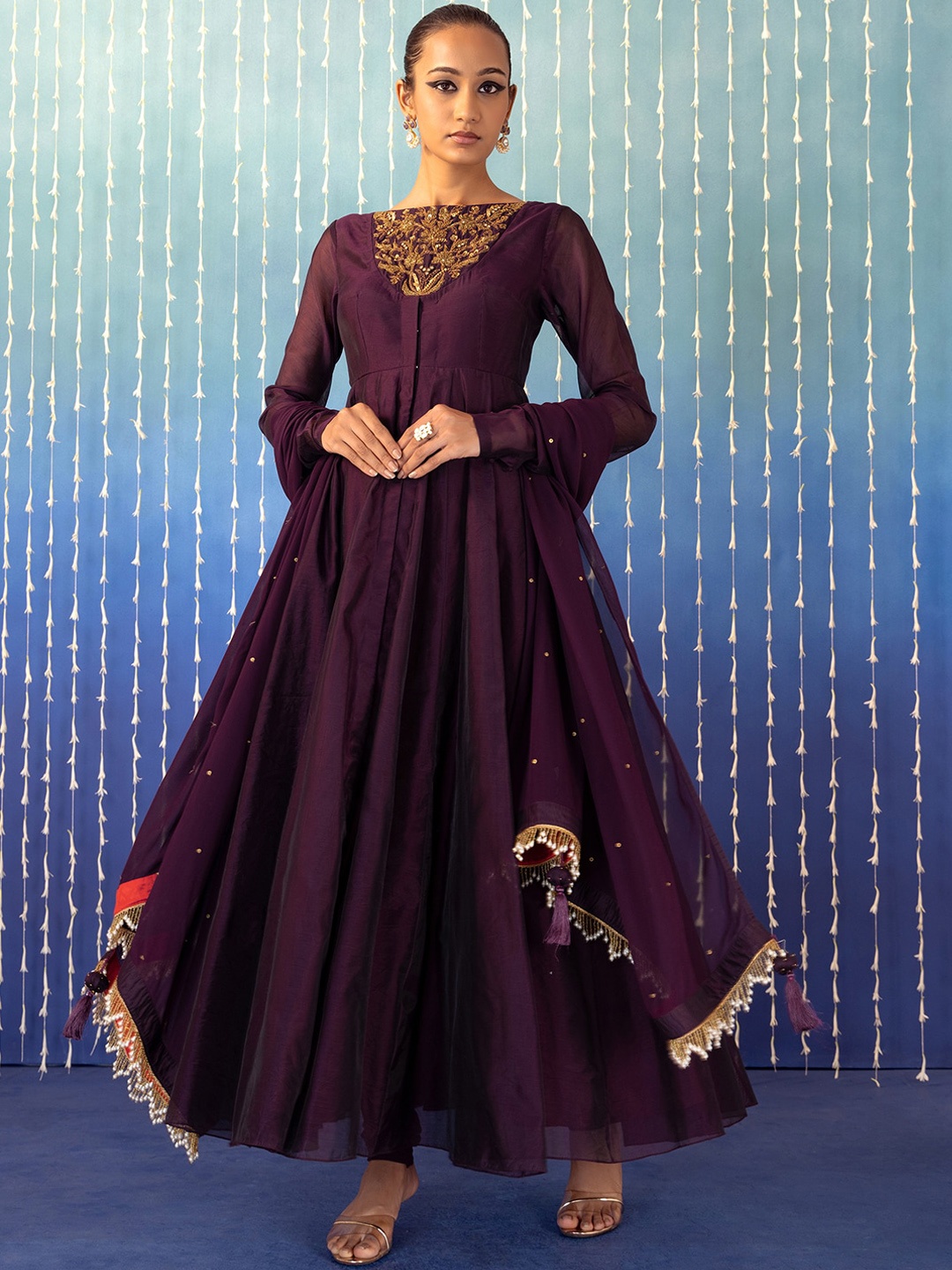 

Indya Luxe Yoke Design Angrakha Beads and Stones Kurta With Churidar & Dupatta, Purple