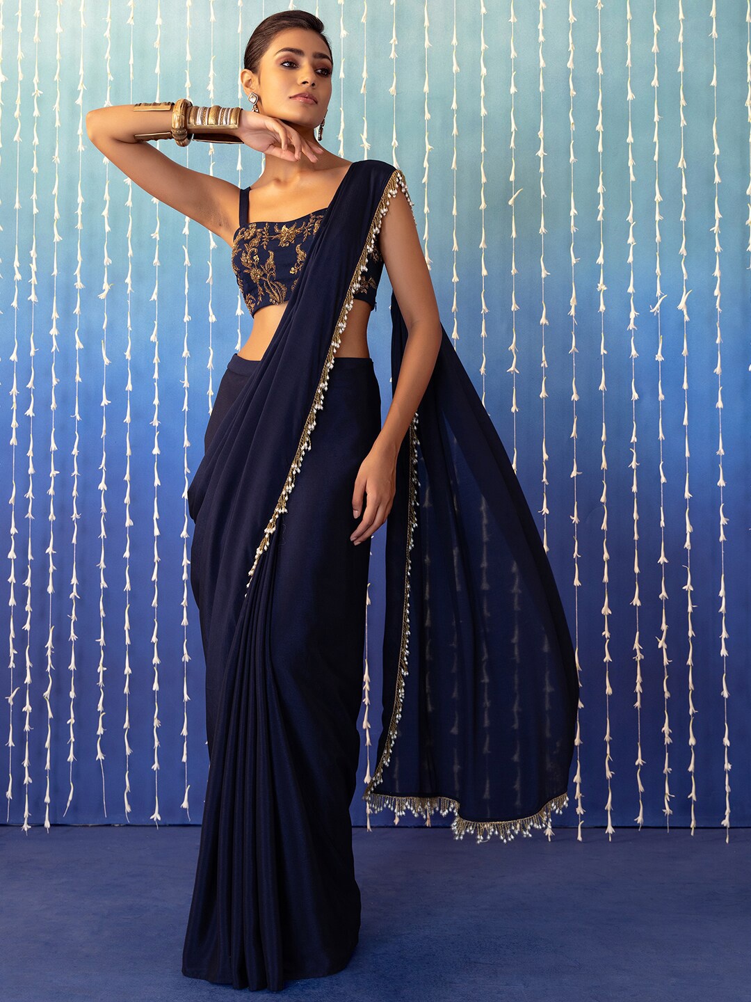 

Indya Luxe Beads and Stones Ready to Wear Saree, Blue