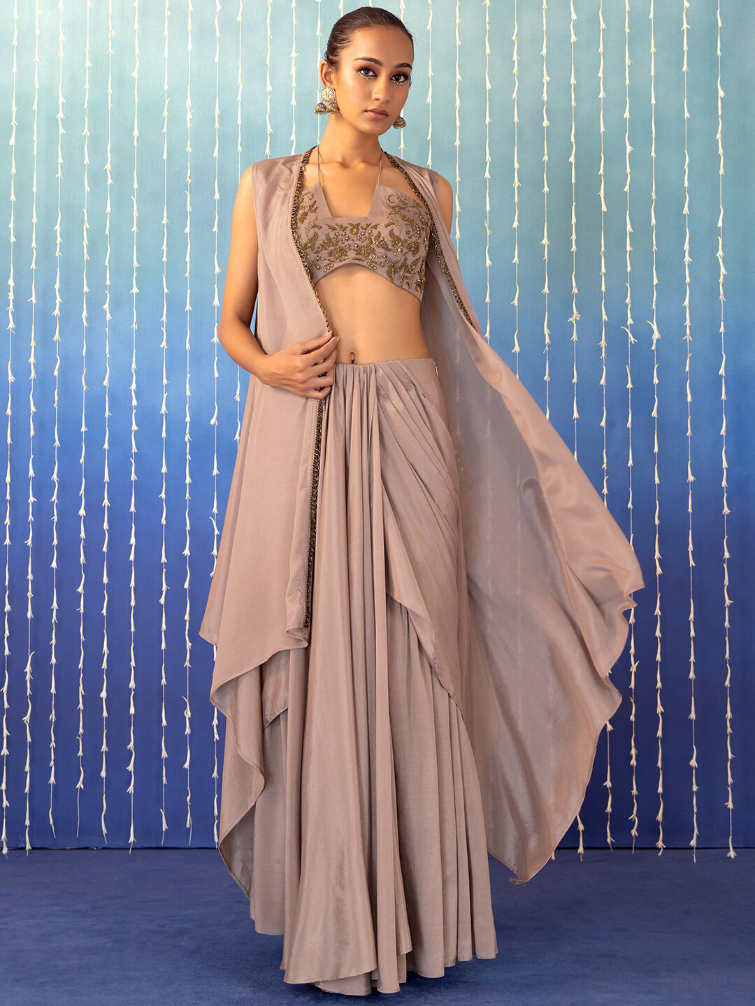 

Indya Luxe Embroidered Shoulder Straps Crop Top With Skirt & Shrug, Pink