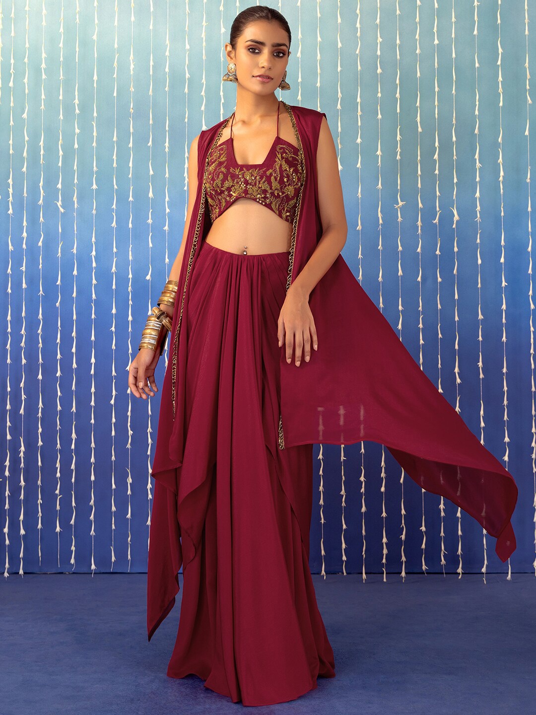 

Indya Luxe Embroidered Shoulder Straps Crop Top With Skirt & Shrug, Maroon