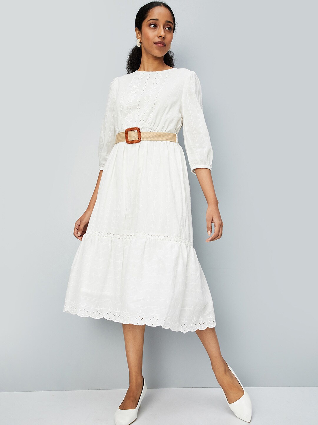 

max Self Design Puff Sleeves Cotton Fit & Flare Dress, White