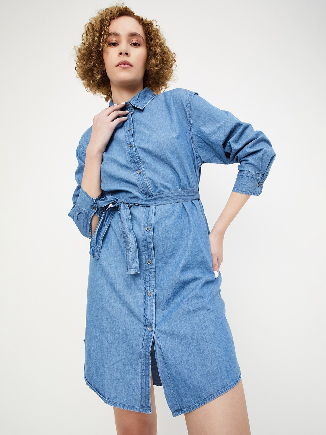 

max Shirt Collar Cuffed Sleeves Tie-Ups Detail Pure Cotton Shirt Dress, Blue