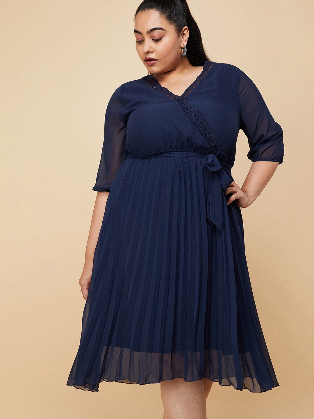 

max Plus Size V-Neck Cuffed Sleeves Lace Up & Tie-Ups Detail Wrap Dress, Navy blue