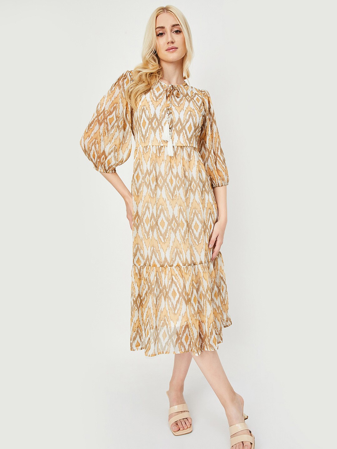 

max Printed Puff Sleeves A-Line Midi Dress, Beige