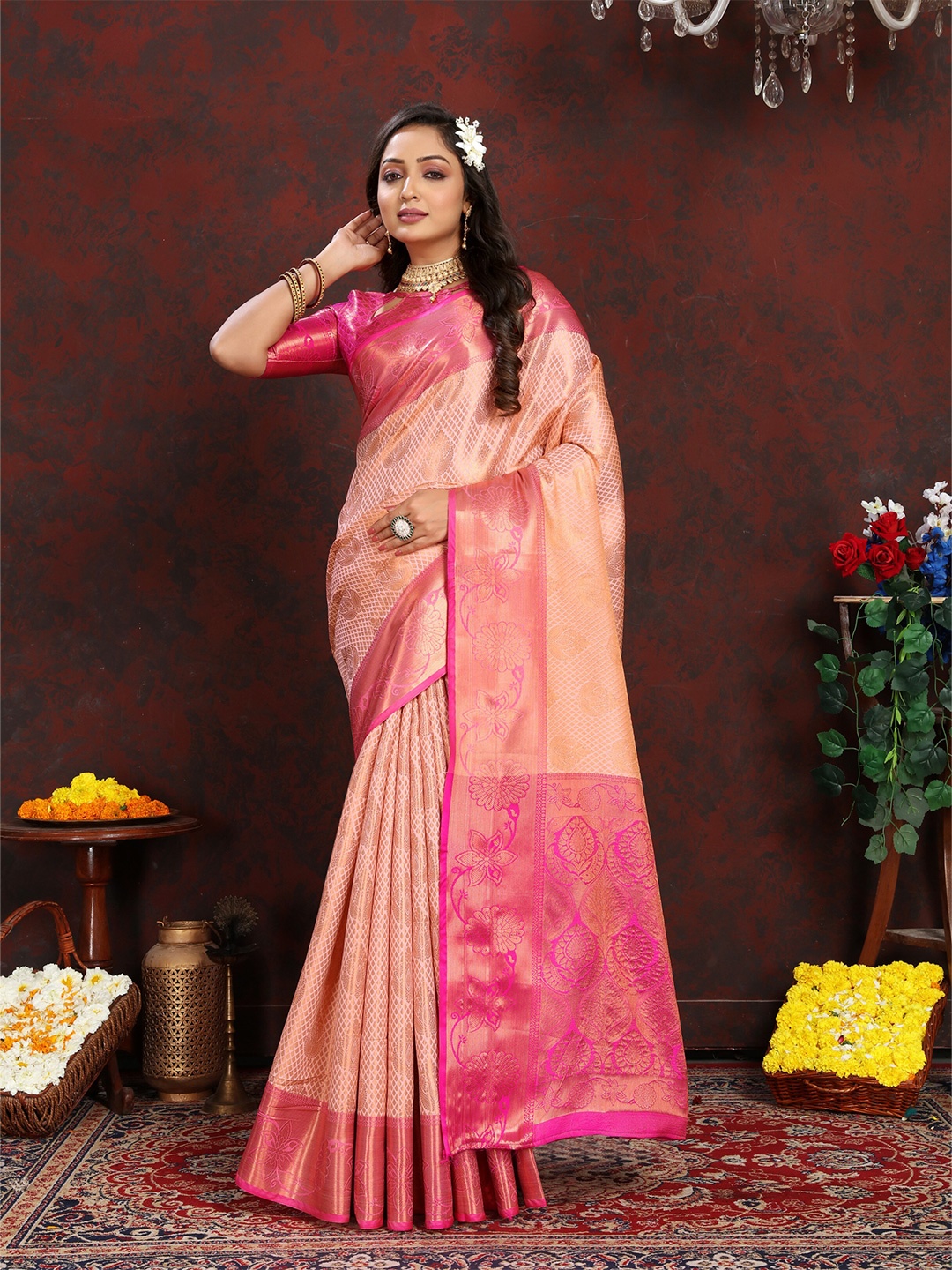 

bansari textiles Ethnic Motifs Woven Design Zari Silk Cotton Banarasi Saree, Pink