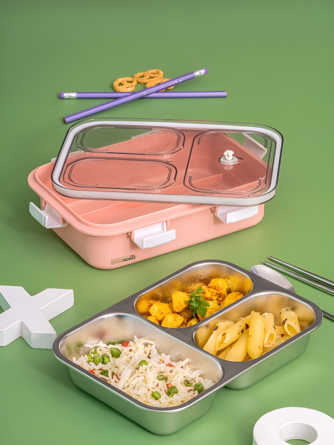 

GOODHOMES Pink & Transparent Stainless Steel Dishwasher Safe Lunch Box