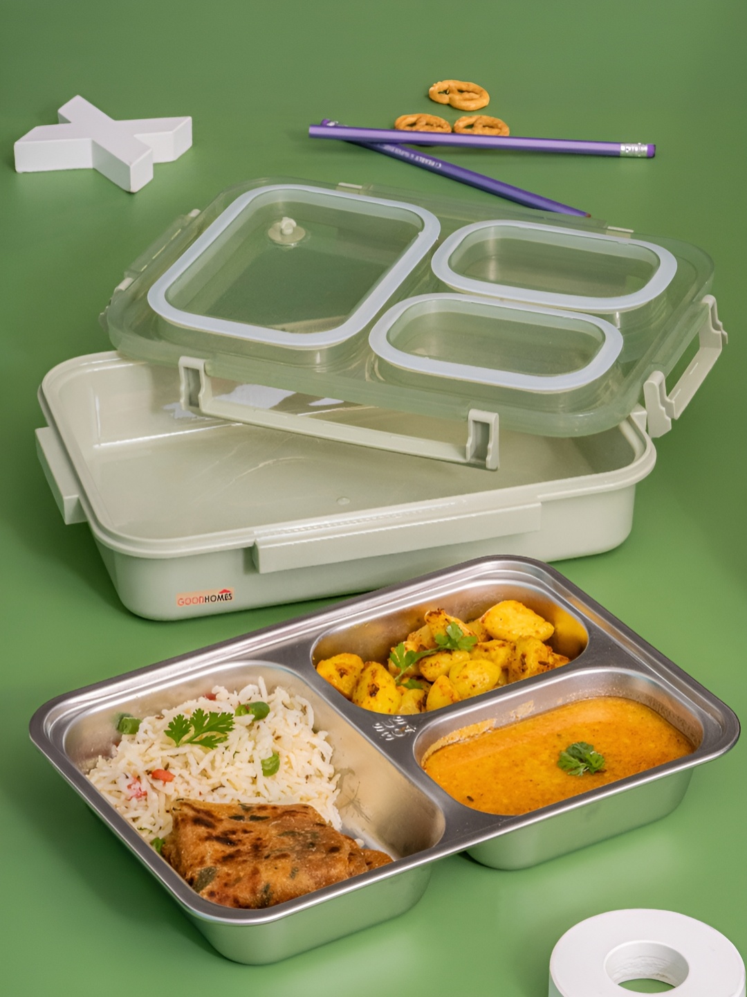 

GOODHOMES Green & Silver-Toned Stainless Steel Dishwasher Safe Lunch Box