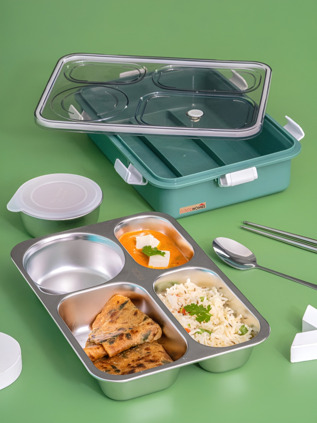 

GOODHOMES Green & Transparent 4 Pieces Stainless Steel Leak Proof Lunch Box 750 ml