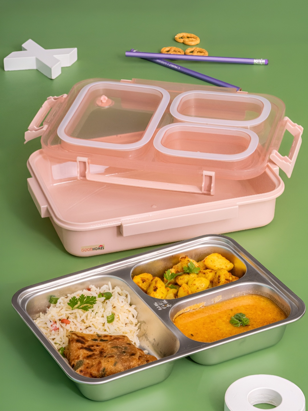 

GOODHOMES Pink & Transparent Stainless Steel Leak Proof Lunch Box 850 ml