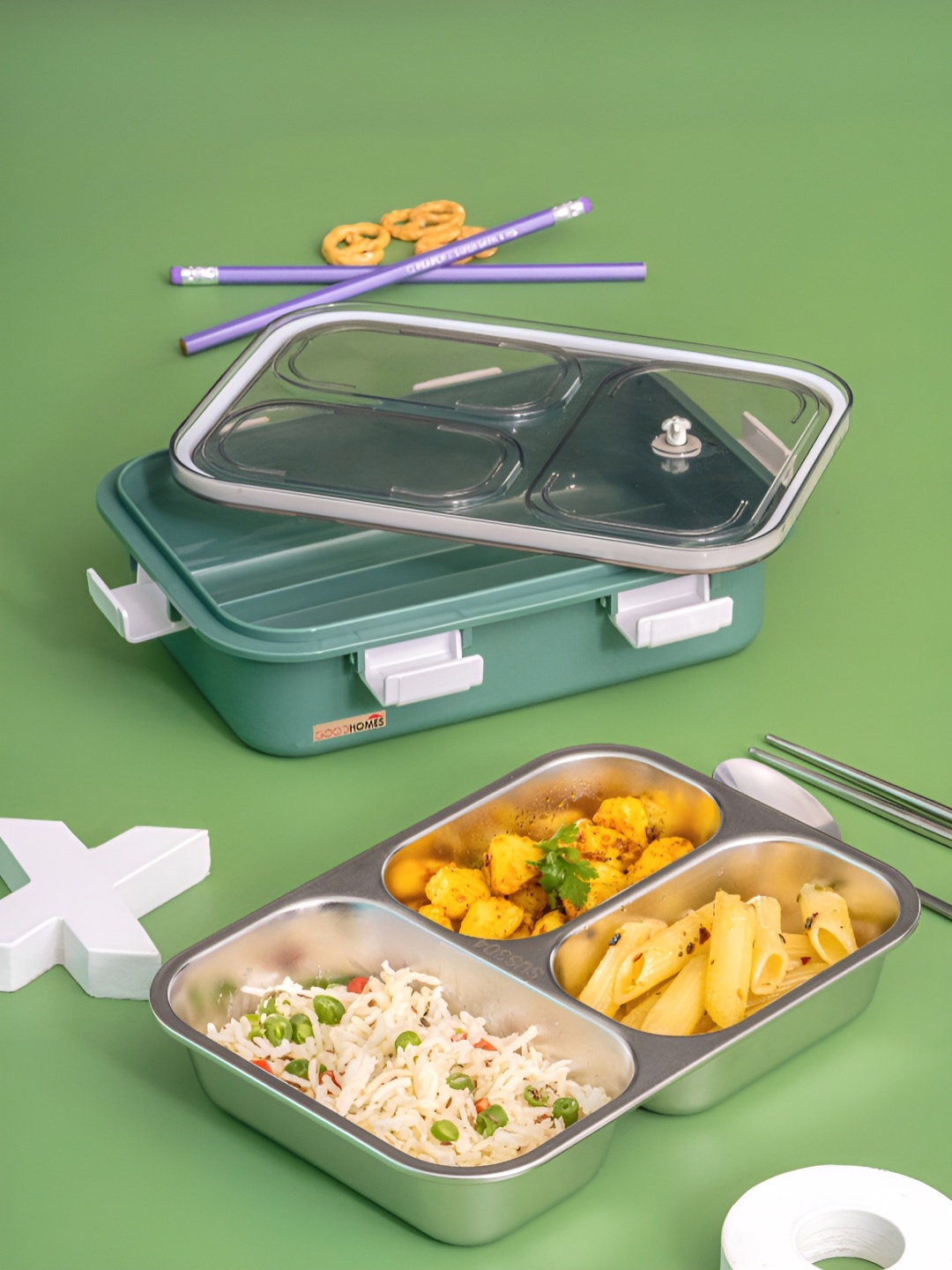 

GOODHOMES Green Stainless Steel Dishwasher Safe Lunch Box