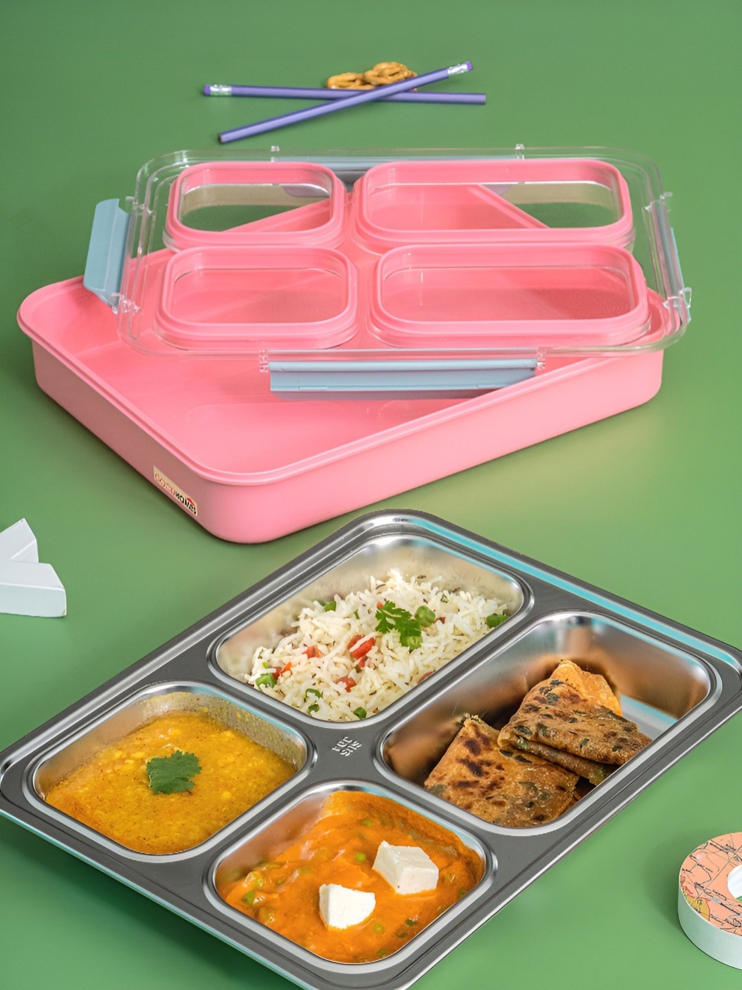 

GOODHOMES Pink & Transparent Stainless Steel Dishwasher Safe Lunch Box