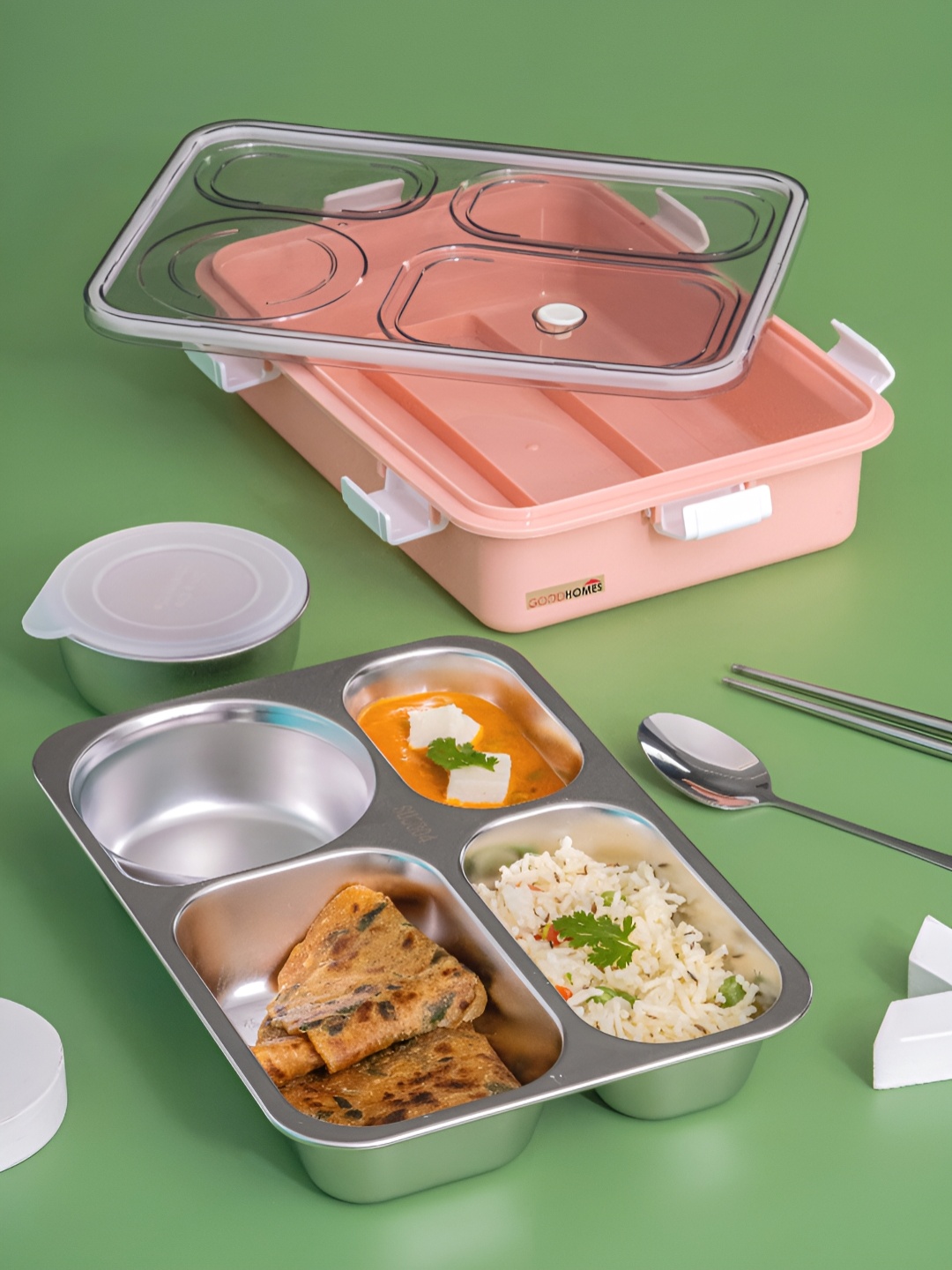 

GOODHOMES Pink & Transparent Stainless Steel Dishwasher Safe Lunch Box
