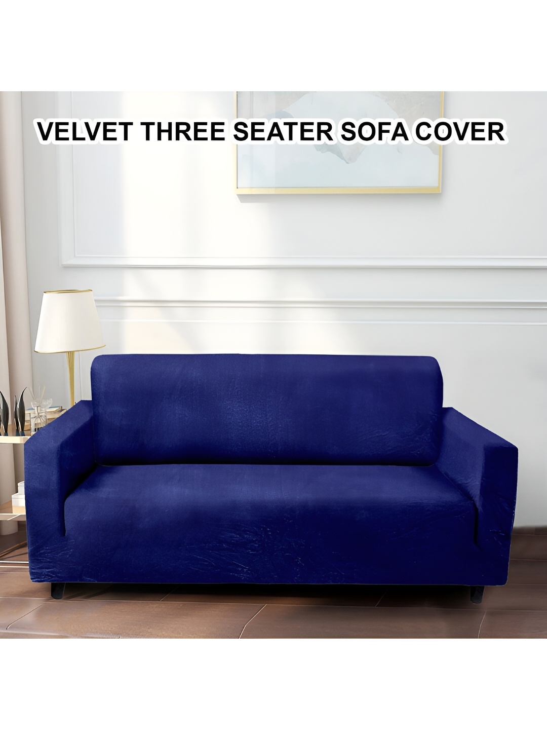 

Cortina Navy Blue Velvet Stretchable Three Seater Sofa Cover With Arms