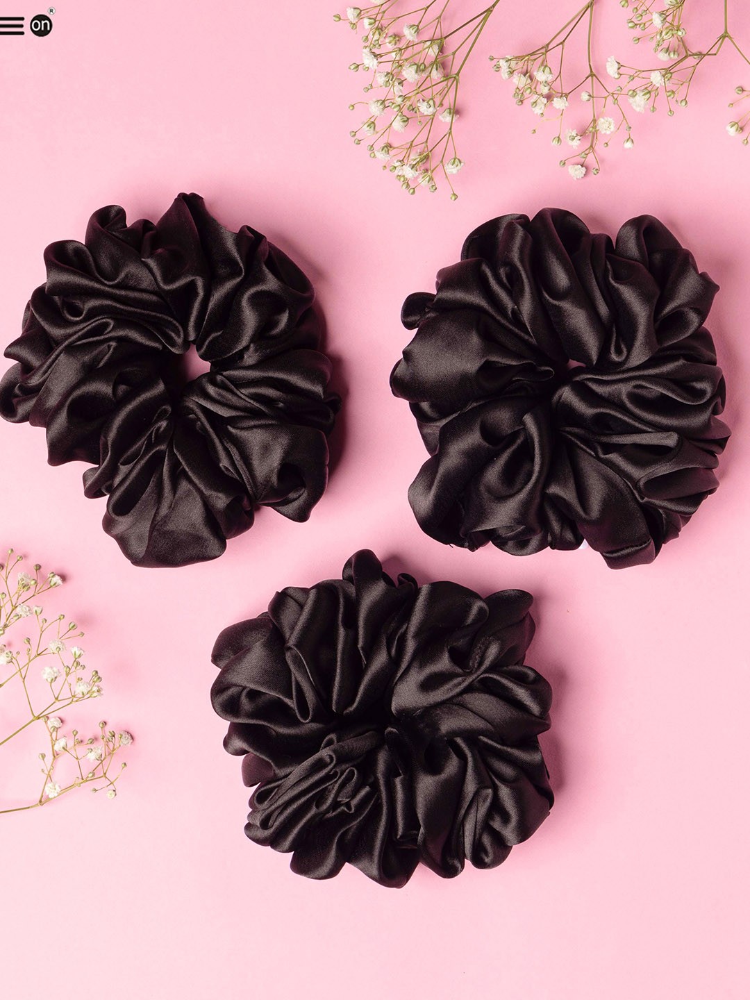 

ONE on ONE Women Set of 3 Silk Satin Scrunchies Ponytail Holders, Black