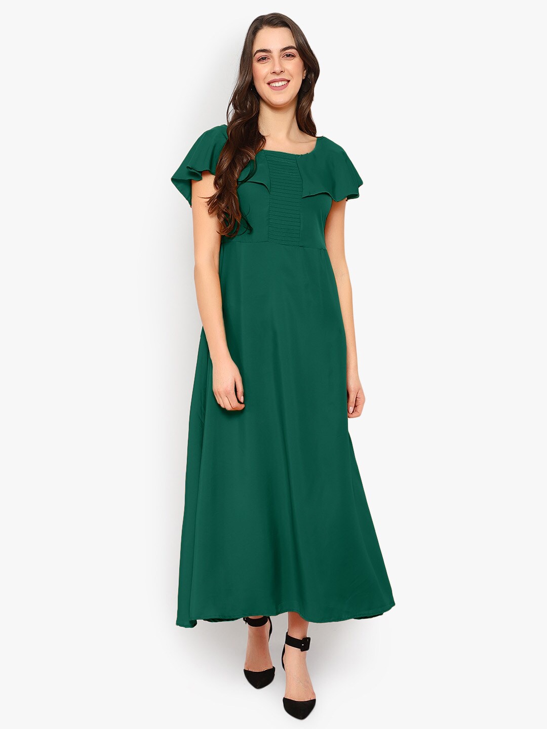 

Indietoga Solid Cape Pintuck Fit & Flare Long Maxi Dress, Green