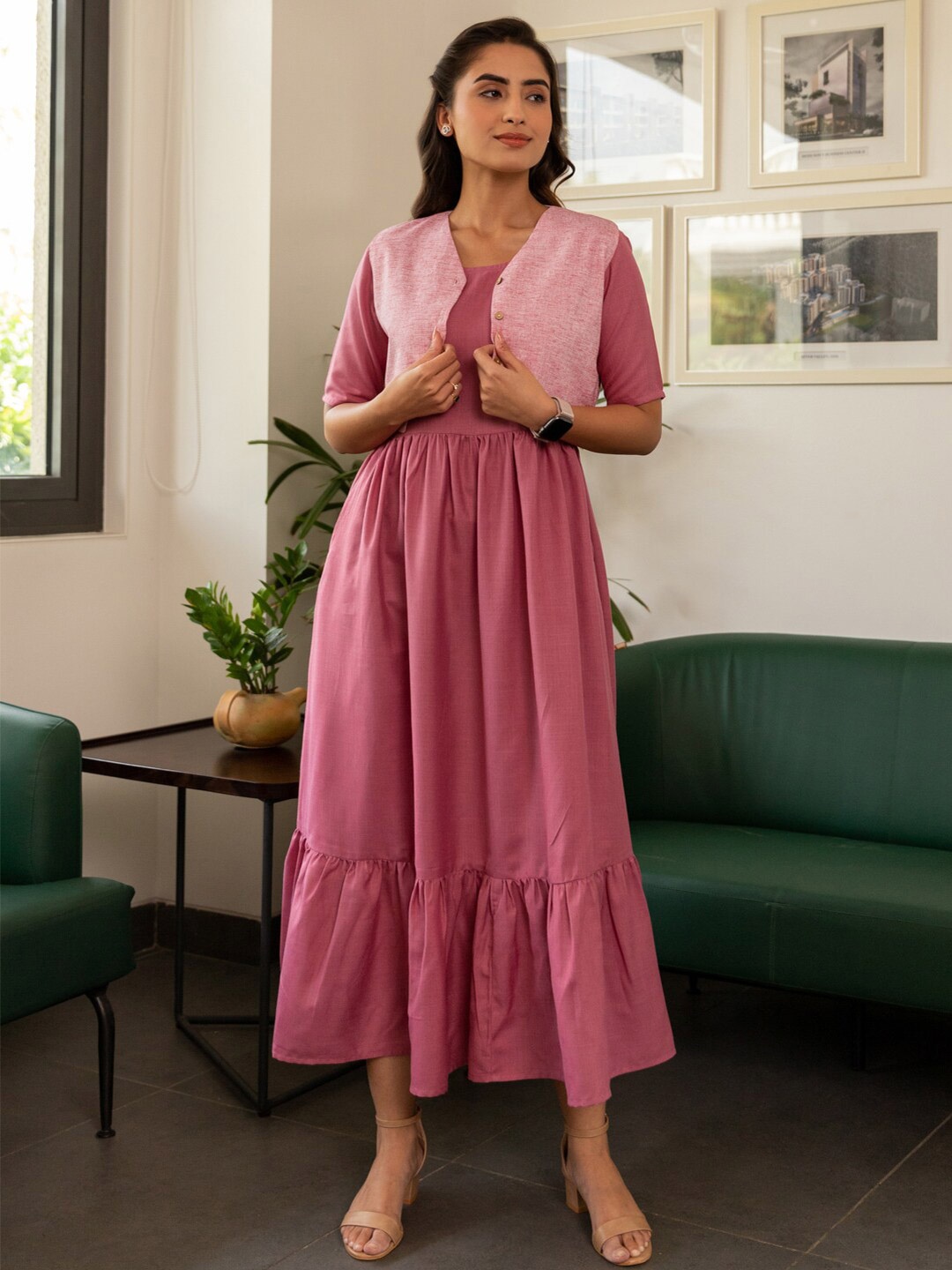 

B'Infinite Cotton Round Neck Maxi Dress With Chambray Jacket, Pink