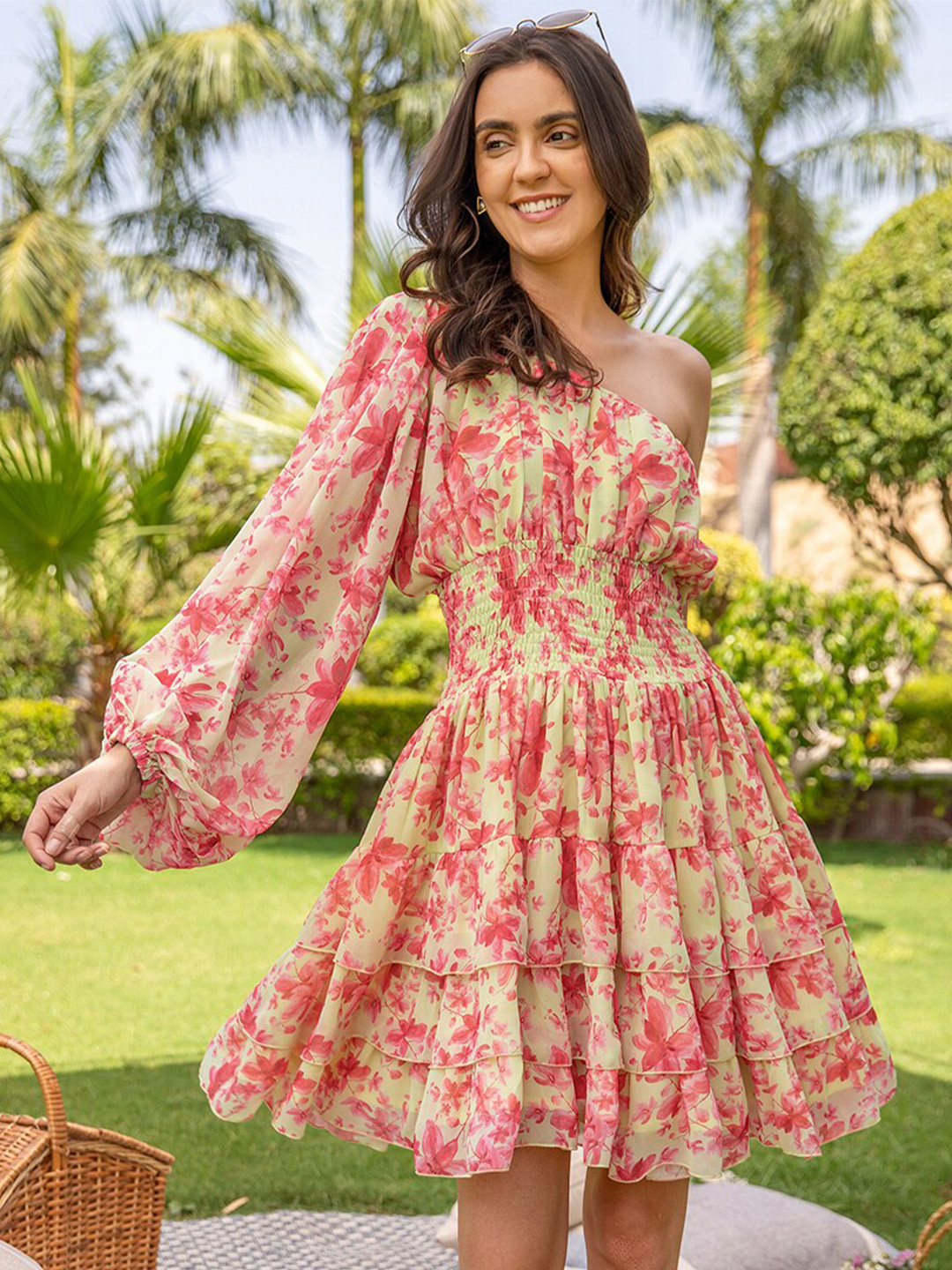 

B'Infinite Floral Print Georgette Off-Shoulder Puff Sleeves Fit & Flare Dress, Pink